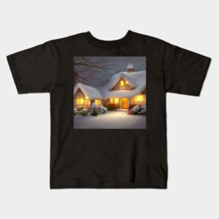 Magical Fantasy Cottage with Lights In A Snowy Scene, Scenery Nature Kids T-Shirt